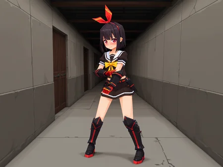 lowpoly, ps1, psx, low poly, 3d,
masterpiece,best quality,amazing quality,
kujou nagisa, red hair ribbon
serafuku
yellow bowtie
black gauntlets, fingerless gloves, black footwear, armored boots1girl,solo,
standing,
looking at viewer,
(fighting stance:0.8),
shy, embarrassed,
indoors, futuristic building, dungeon, concrete wall,
hallway,