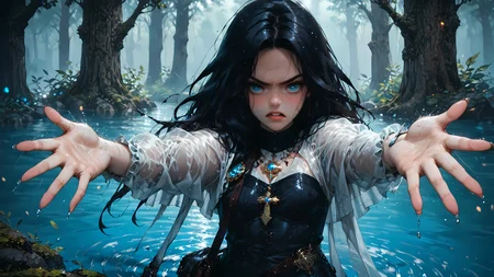 score_9, score_8_up, score_7_up, rating_safe, high res image, masterpiece, best quality, photo-enhanced,max detail, 4k wallpaper, masterpiece, highres, dnd, cleric, d&d,
1girl, solo, black hair, long hair, small breasts, blue eyes, burst eyes, bright eyes, clear skin, shiny hair, ultra detailed eyes,, black corset, leather satchel, white transparent robe, wet, hair, wet, water to waist, view from front, looking up, view from above, (reaching:1.5), rain, moss covered trees, hug,
(standing in water:2), (disgusted face:1.5), rage, open mouth, cold eyes, closing eyes, full body, focus on face, raised arms, dark, nighttime, black forest, glowing water, supped hands, holding rosery,
<lora:Expressive_H:1> <lora:princess_xl_v2:1> <lora:Vixons Pomy Styles Gothic Neon:.45> <lora:HKStyle_V3:1> <lora:disgusted_face_xl_goofy:1> <lora:Rain (pony) v1:1> <lora:Fant5yP0ny:1> <lora:rage_r1:.5>
