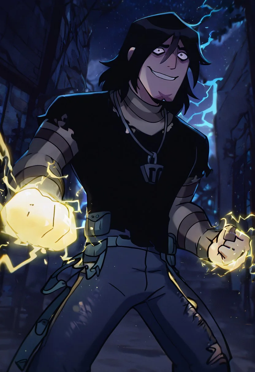 masterpiece, best quality, amazing quality, very aesthetic, absurdres, newest,
kevinov, black hair, bags under eyes, long hair, black eyes, necklace, goatee, layered sleeves, black shirt, long sleeves, short over long sleeves, torn clothes, striped sleeves, jeans, overall belt,
dynamic pose, electricity hands, constricted pupils, insane smile, rtx, night time, glowing electricity, blue electricity, yellow electricity, punching,