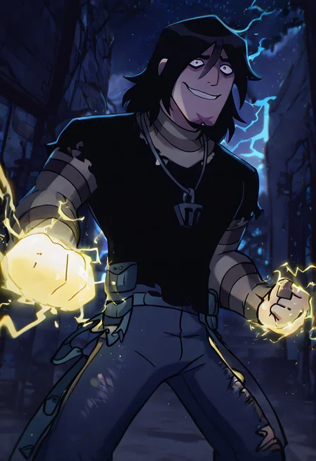 masterpiece, best quality, amazing quality, very aesthetic, absurdres, newest,
kevinov, black hair, bags under eyes, long hair, black eyes, necklace, goatee, layered sleeves, black shirt, long sleeves, short over long sleeves, torn clothes, striped sleeves, jeans, overall belt,
dynamic pose, electricity hands, constricted pupils, insane smile, rtx, night time, glowing electricity, blue electricity, yellow electricity, punching,