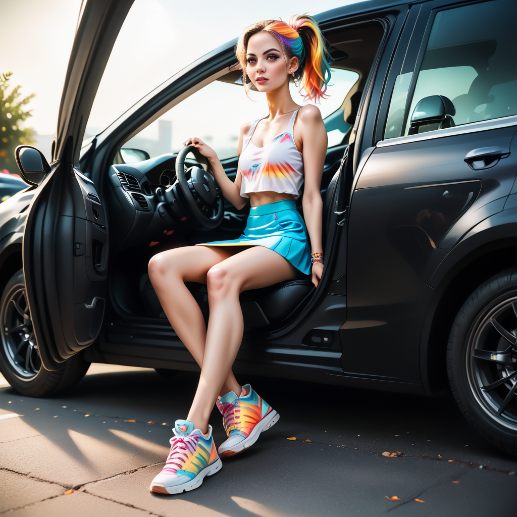 score_9, score_8_up, score_7_up, score_6_up, score_5_up, score_4_up,  slim girl sitting in black car,  gooc,  sneakers, short colorful skirt, colorful blouse , a blond ponytail .
 <lora:GetOutOfCarPony:.7>