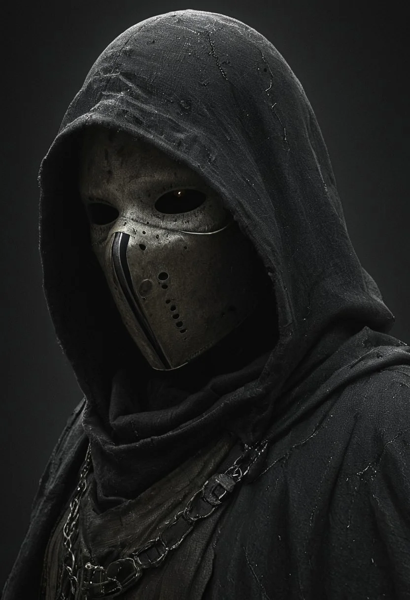 Lenticular, DARK, Low Angle View,. a hkstyle woman with rotten plague doctor mask and a outworn detailed old high collar cyberpunk Samurai jacket, Large linen cape ,surrounded by a detailed monochrome spacescape with translucent dark-amber Highlights, hyper-detailed, sharp, high resolution, high quality, 32K, Ultra realistic, HD, super detailed, line art, abstract style