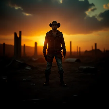 In a world where civilization has fallen, a retro-styled post-apocalyptic survivor stands tall amidst the ruins, forever frozen in an intense and highly detailed HDR photograph. As the sun sets, volumetric lighting casts deep, clear shadows and highlights across the wasteland, creating an atmospheric and moody image. The survivor's clothing, a patchwork of rugged, weathered fabrics, hints at a past life now faded and tattered. Their stance exudes a sense of determination and strength in the face of adversity, embodying resilience and defiance in a world where survival is a daily struggle. The vivid colors and realistic textures of the scene capture the essence of a world forever changed by catastrophe, while the survivor remains a beacon of hope, their image a hauntingly beautiful portrait of life in a post-apocalyptic world. <lora:flux_trainer/postApocalypse_v1_rank64_bf16:0.8>, <lora:flux/Sinfully_Stylish_.02_for_FLUX-000002>, <lora:flux/aidmaImageUpgrader-FLUX-V0.1>, detailmaximizer, <lora:flux/perfection style v1>, perfection style,