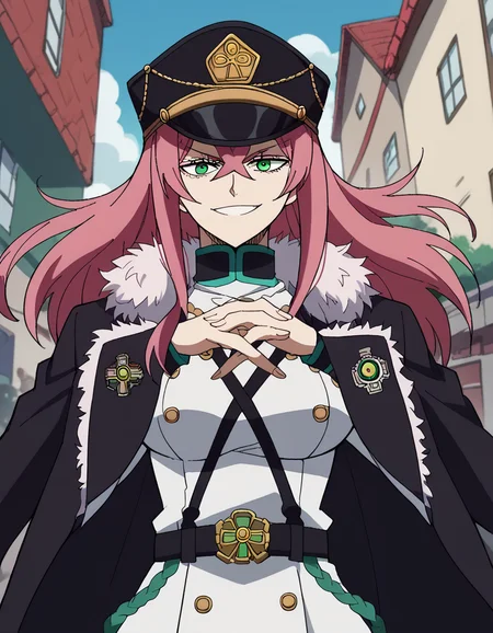 score_9, score_8_up, score_7_up, source_anime, <lora:princia-funnybunny-movie-ponyxl-lora-nochekaiser_r1:1>, princia funnybunny, long hair, green eyes, pink hair, red hair, crossed bangs, sidelocks, hat, jacket, belt, uniform, fur trim, military, military uniform, peaked cap, large breasts,, town, small, streets, community, people, smile, <lora:gendou-pose-ponyxl-lora-nochekaiser:1>, gendou pose, own hands clasped, own hands together, parody,, looking at viewer, solo,, dutch angle, cowboy shot