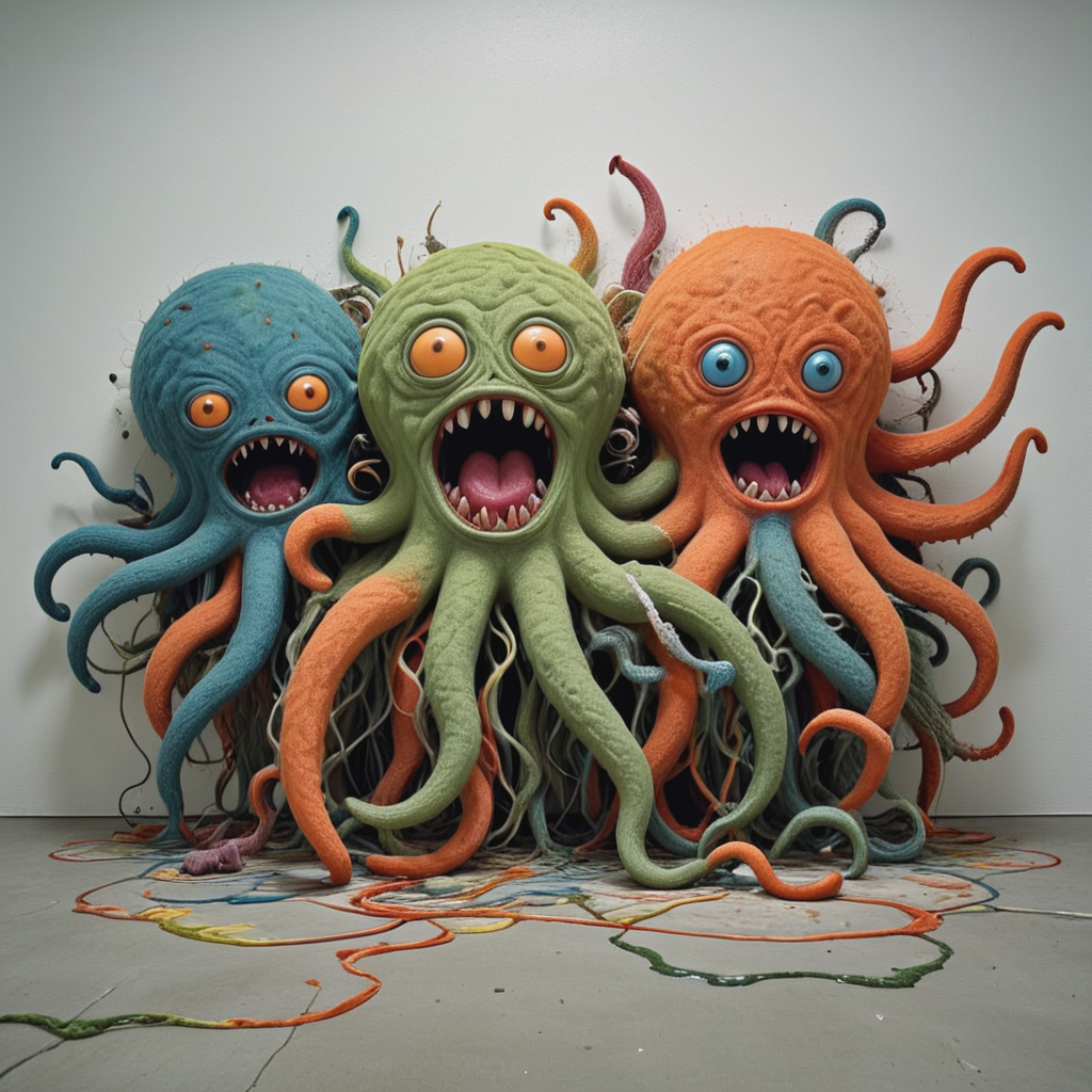 angst, solo, horror, monster, art composition,  tentacles Mass versus idea, (a scene:1.47),  theme <lora:Angst:0.75> horror (theme), no humans, key visual, hdr, simple background, by, form, orange green red blue theme