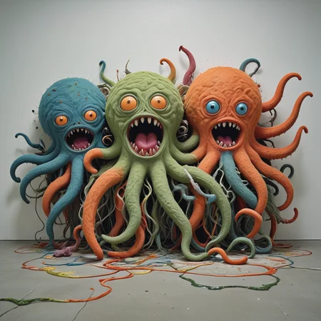 angst, solo, horror, monster, art composition, tentacles Mass versus idea, (a scene:1.47), theme <lora:Angst:0.75> horror (theme), no humans, key visual, hdr, simple background, by, form, orange green red blue theme