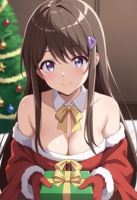 score_9, score_8_up, score_7_up, source_anime, classrep, long_hair, brown_hair, purple eyes, hair_ornament, hairclip, medium breast, shiny skin, santa outfit, bare shoulders, cleavage, elbow gloves, christmas, gift, smile, expressive, sexy pose, perfect anatomy