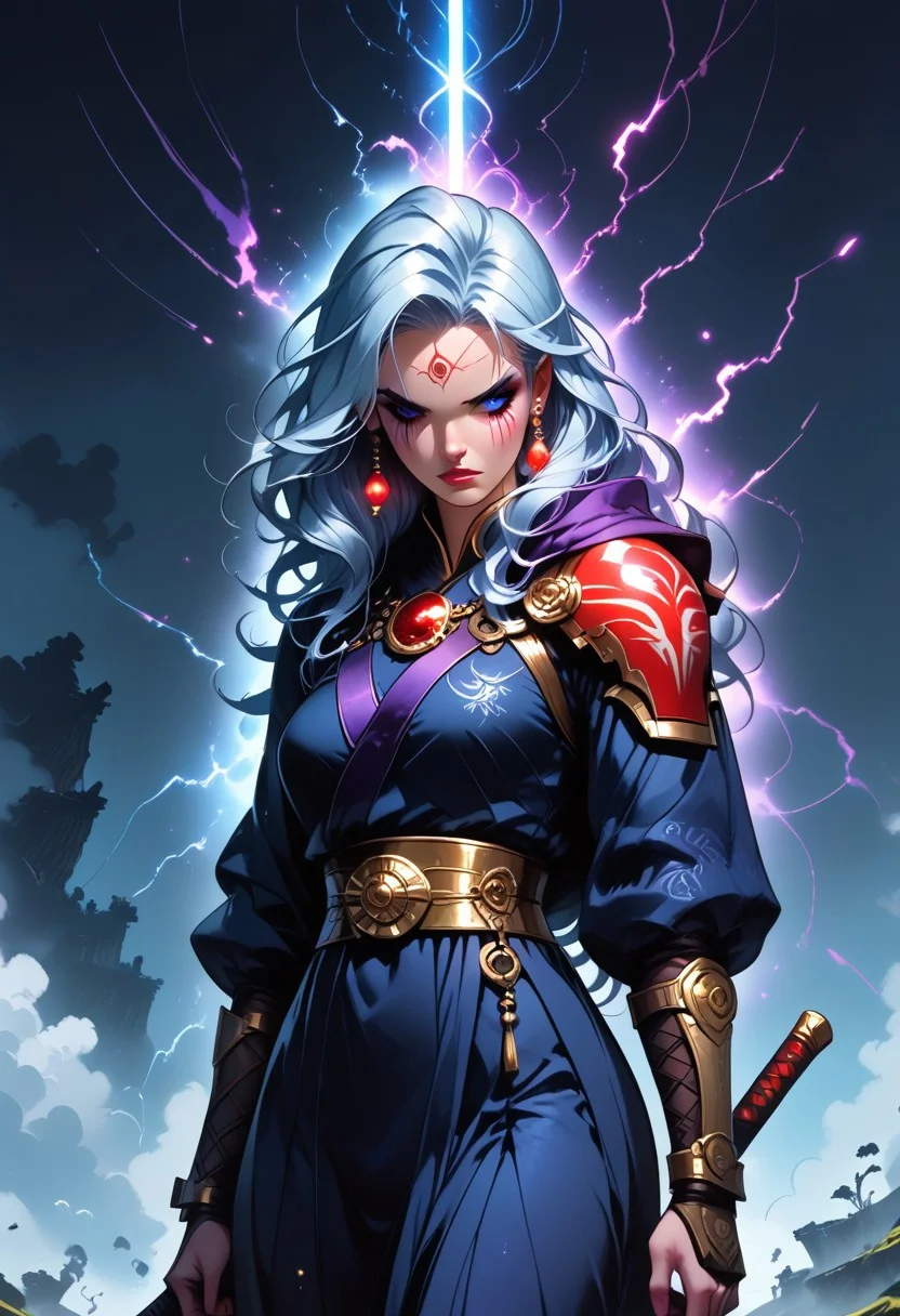 "A tall, beautiful humanoid woman with ivory skin stands amidst a swirling, ethereal storm of blood-red glyphs that orbit around her in rhythmic patterns. Her head is partially concealed beneath a flowing, shadowy mantle, allowing only glimpses of her empyreal blue eyes—pupilless and glowing with a psionic radiance that pierces through the dim twilight around her. In her hand rests a massive greatsword, its surface shimmering with faint arcs of magical energy, reflecting the otherworldly power coursing through her form. Arcane symbols pulse with life around her, radiating a deep crimson light that illuminates the mist-covered terrain at her feet. She stands on the edge of an ancient, arcane battlefield, where the sky above is veiled in dark clouds tinged with purple and silver hues, crackling with faint traces of psychic energy. Floating rocks, bathed in faint blue light, hover nearby as if suspended by her will, while whispers of invisible psionic forces ripple through the air, making the glyphs dance more vibrantly. Her presence commands an aura of serene but unyielding power, the energy around her vibrating with mystical and psychic intensity, shaping the very landscape into a canvas of surreal beauty and latent danger."