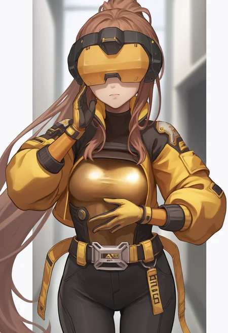 score_9, score_8_up, score_7_up, source_anime BREAK 1girl, solo, <lora:idollflower-nikke-richy-v1_pdxl:1>idllflwr, head-mounted display, covered eyes, brown hair, very long hair, ponytail, jacket, crop jacket, yellow bodysuit, gloves, black pants, hip attachment