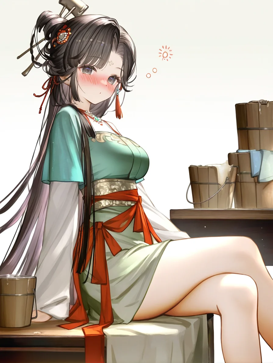 1girl,jiu niangzi,looking at viewer,solo,simple background,white background,,cowboy shot,(77gl:0.7),(tianliang duohe fangdongye:0.8),(green skirt:1.1),crossed legs,sitting,drunk,blush,light_blush,green shirt,black eyes,from side,desk,bucket,pail,<lora:jiuniangzi-000012:0.8>, masterpiece, best quality, very aesthetic, absurdres