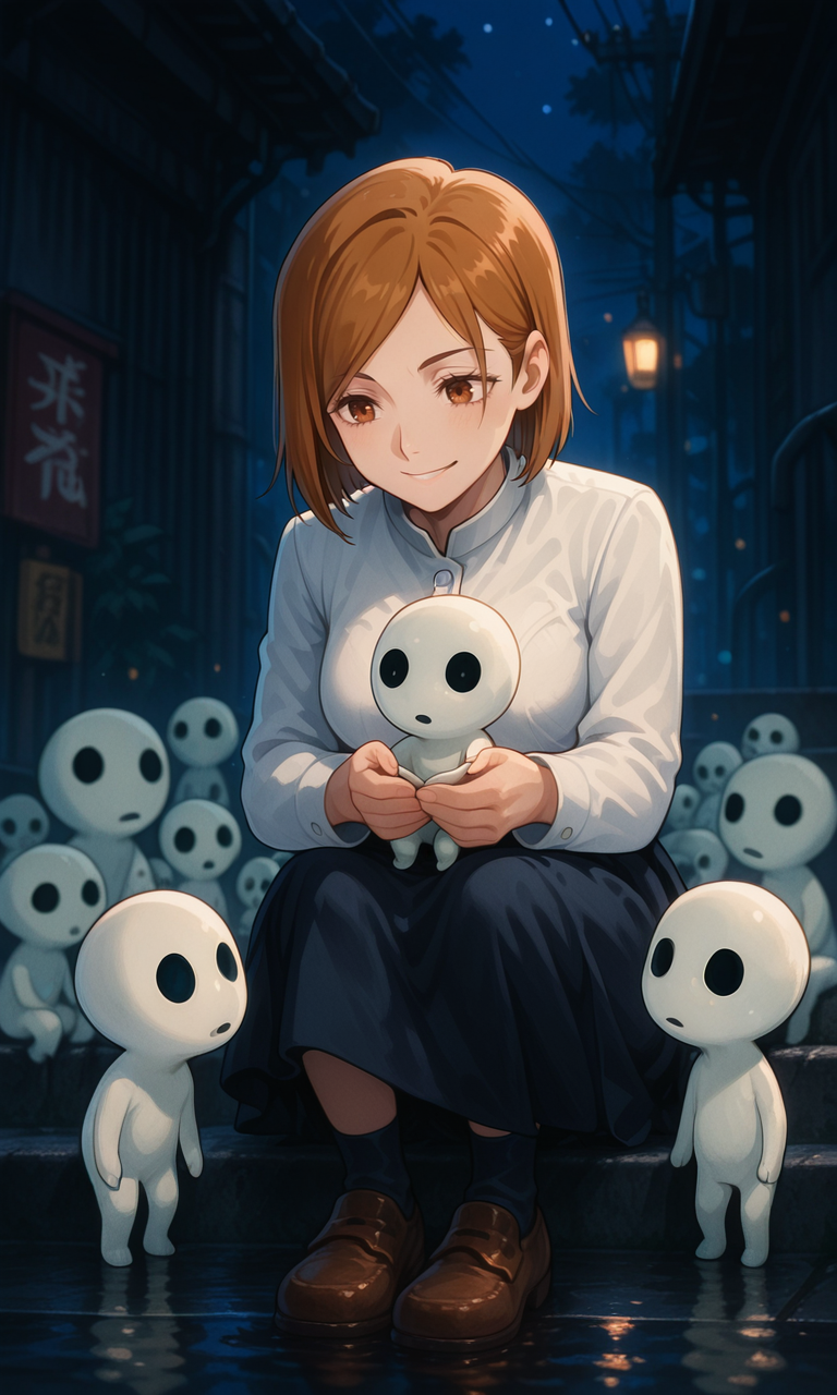 embedding:IllusP0s, 1girl, kugisaki_nobara, kodama, 6+ others, smiling, holding, night, solo, sitting,<lora:kodama_illustrious.safetensors:1.0:1.0>