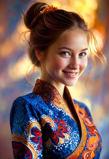 A hyper-realistic portrait of a young woman, focusing on her upper body, adorned in a vibrant batik-inspired outfit with intricate, swirling patterns of indigo, crimson, and gold, softly illuminated by warm, natural light, with a shallow depth of field, blurring the background to emphasize her gentle, enigmatic smile, in the style of digital painting with delicate, textured brushstrokes.