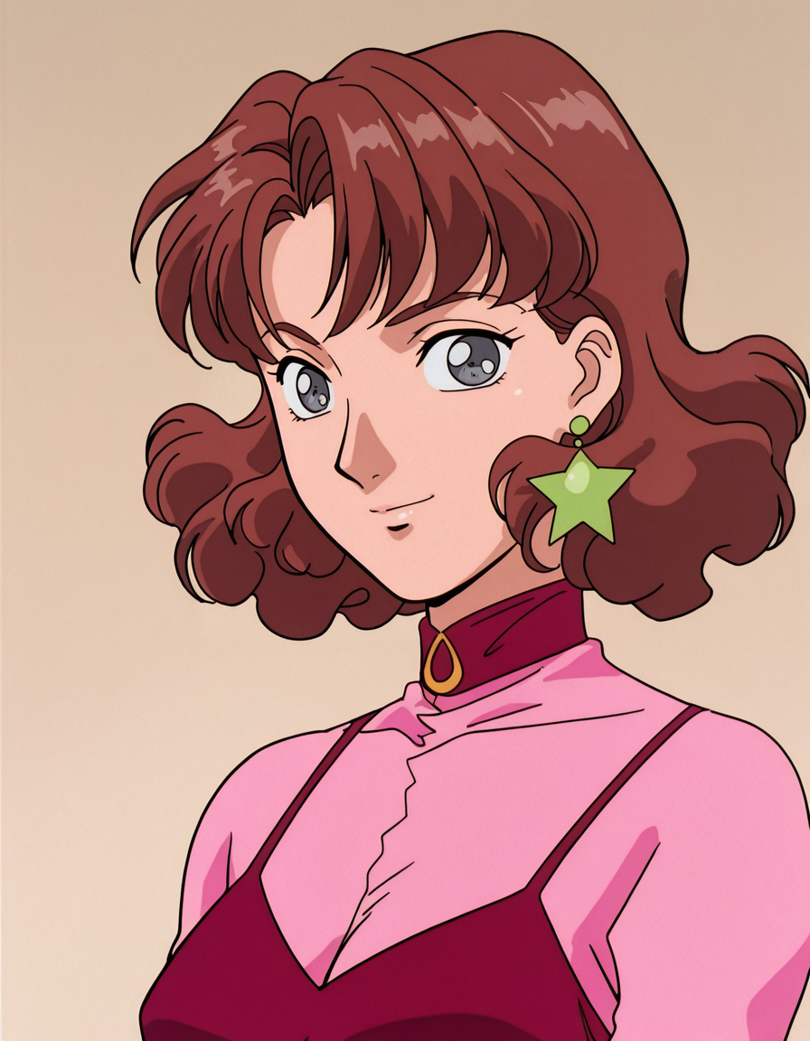 <lora:CatherineBIllustrious1.1JLFO:1> catherine, 1girl, brown hair, 1990s, retro artstyle, solo, pink shirt, short hair, breasts, red camisole, looking at viewer, grey eyes, choker, jewelry, earrings,smile, simple background,