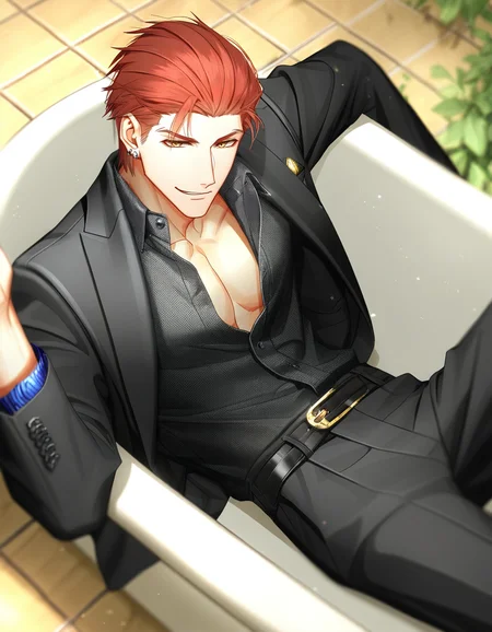 masterpiece, best quality, absurdres, 1boy, solo, BREAK male focus, yellow eyes, (short red hair, hair slicked back), formal, suit, piercing, earrings, black pants, belt, open shirt, smirk, BREAK bathtub, from above, lying, looking at viewer, ikemenboys, lightandnight, <lora:IkemenBoys_Illustrious:0.95>