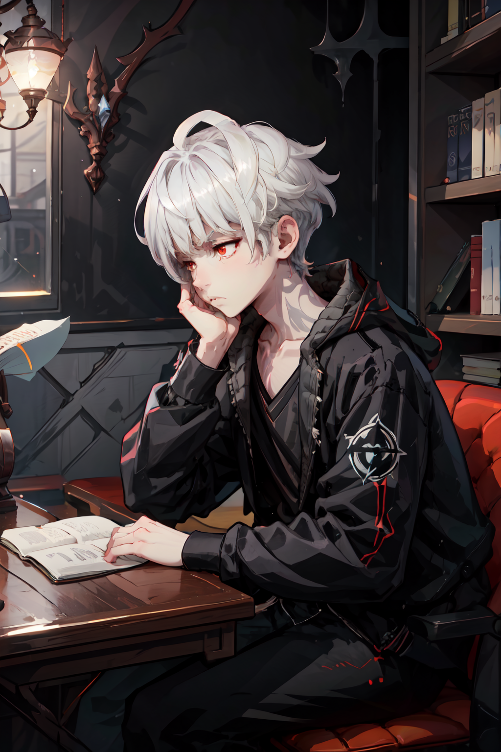 <lora:e7hastev2-2-09:.80> e7haste, 1boy, male focus, red eyes, white hair, indoors, library, books, (bored:1.3), sitting at desk, reading, looking away, head on hands, AS-YoungV2