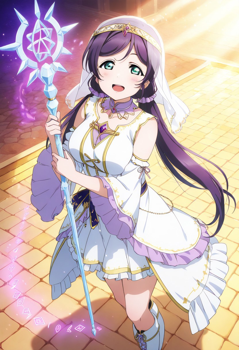 masterpiece, best quality, solo, 1girl, aged up, happy, large breasts, 
 nozomi_toujou, toujou_nozomi, purple hair, green eyes, long hair, twintails, low twintails, scrunchie, fantasy priestess idol costume, white and lavender robes, glowing runes, crystal staff, sheer veil, floating temple stage in the clouds, radiant light beams from above, elegant chant-like pose, mystical and powerful aura