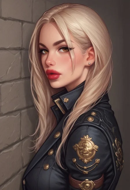 from front, (((side view))), 1girl, illustration, comic style, looking at viewer, highly detailed, (((long bob)))
(((front view)))
In a gritty, noir-inspired urban setting bathed in the harsh glow of neon lights, K4TH3R1N3, a striking woman with platinum blonde hair cascading down her back, stands against the cold brick wall of an abandoned warehouse. Her piercing brown eyes are parted, revealing a hint of red lipstick-stained lips as she gazes directly at the viewer, challenging and intriguing in equal measure. The camera angle is low, casting her figure in sharp relief, with the dramatic shadows emphasizing the high collar of her unique outfit: a tailored trench coat made from a shimmering material that catches the light, adorned with intricate, steampunk-inspired metal accents. ((dynamic pose))
((full-clothed)),
BREAK
dynamic pose <lora:Cherry-Gig:0.55> ((((full-clothed)))),
BREAK
((dark room background))) score_9, score_8_up, score_7_up, score_6_up, source_cartoon, rating_explicit, Expressiveh, (((((upper body))))), dynamic pose