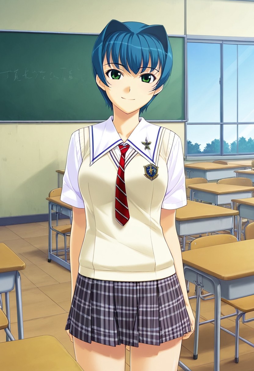 score_9,score_8_up,score_7_up,source_anime,5_figner,game cg,BREAK,1girl,solo,
Yuzuki Minami,
short hair,blue hair,Intake,green eyes,
school uniform,sweater vest,plaid skirt,shirt,necktie,
smile,cowboy shot,standing,front view,looking at viewer,
school,class room,desk,chair,blackboard,window,
masterpiece,best qualit,ultra-detailed,illustration,an extremely delicate and beautiful,beautiful detailed eyes,unity 8k wallpaper,high resolution,official_art,