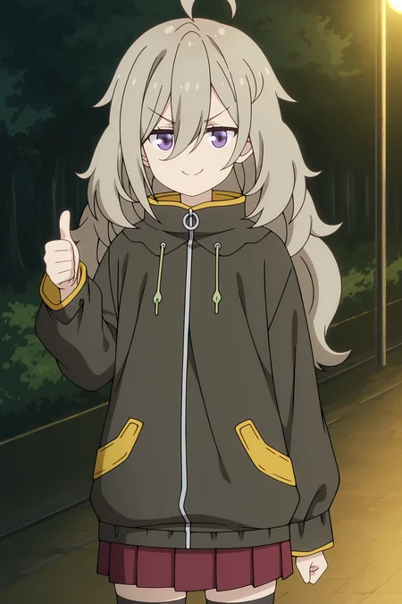 volumetric lighting, official style, amazing quality, ultra detailed, highres, detailed background, anime screenshot, anime screencap, anime coloring, masterpiece, detailed face,1girl <lora:Tsutsuji_Higa__-25:0.9> Tsutsuji_Higa(Outfit 1), solo, red pleated skirt, purple eyes, black thighhighs, hair between eyes, ahoge, long hair, black jacket with yellow trim, smile, closed mouth, bangs, looking at viewer, grey hair, standing, long sleeves, drawstring, hood, outdoors, hood down, (thumbs up:1.2),v-shaped eyebrows,