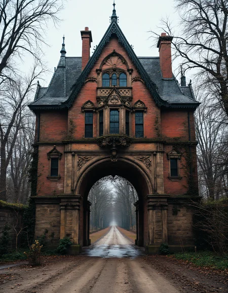 A grand, Victorian-style mansion gatehouse, featuring a tall, steeply sloped roof covered in dark slate tiles. The arched entrance is adorned with ornate stone carvings, including detailed floral patterns and grotesque faces. The building is made of a mix of red brick and weathered stone, giving it a timeless and slightly eerie appearance. Large windows framed by stone moldings offer a glimpse of dimly lit interiors. The pathway leading through the arch is a gravel road, disappearing into a long tree-lined avenue, with bare, gnarled branches stretching out on both sides. The scene is set on a cloudy day, creating a somber, gothic atmosphere. The surrounding trees are leafless, and the air feels cold and quiet, hinting at a mysterious story behind the estate. aidmaHyperrealism <lora:aidmaHyperrealismv0.3:0.6> <lora:Sinfully_Stylish_.02_for_FLUX:0.6> in the style of Jed-clrfl <lora:flux-colourful:0.3> <lora:FluxDFaeTasticDetails:0.6>