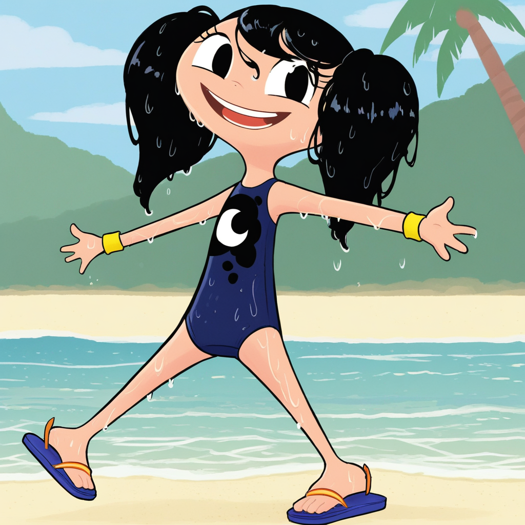 Luna (Earth To Luna), black pupils, black hair, twintails, wet hair, one-piece swimsuit with yellow stars, sandals, white wristband (right-handed) simple background, outdoors, beach scenery, smiling, mouth opened, looking at the viewer, looking back with a hand reaching out, four fingers