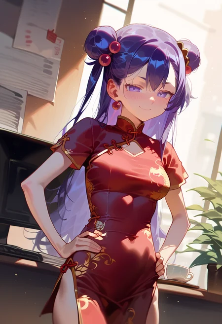 score_9,score_8_up,score_7_up,zPDXL3,zPDXLxxx,1girl,solo,nyl,blush,<lora:nyl_v0.1_cwhj:1>,<lora:yui-nitta-ova-ponyxl-lora-nochekaiser:0.8>,yui nitta,long hair,hair ornament,purple eyes,purple hair,hair bobbles,one side up,medium breasts,dress,hair bun,double bun,chinese clothes,china dress,bun cover,waitress,home office,working from home,computer screen,coffee cup,focus,deadline,smug,hands on hips,solo,dutch angle,
