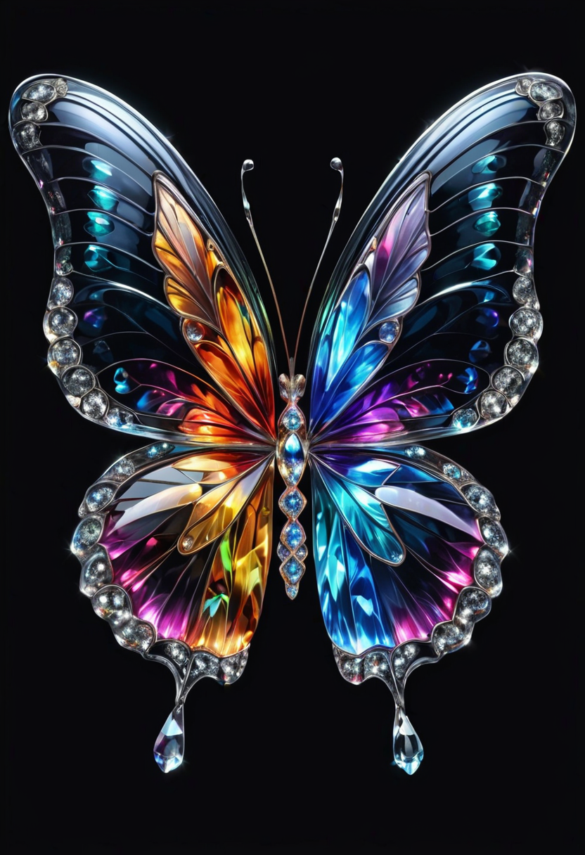 Dynamic view of a magical  crystal  butterfly,  crystal clear,  photorealistic,  symmetry, hanging on a wall, magical multicolored ink, high quality, imagination, 8k, fantasy art, magical colors, black background