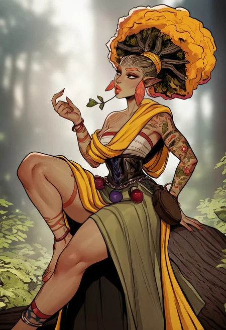 masterpiece, best quality, newest, absurdres, highres, cherry-gig, ORPH&EURY-V1.1,
1girl, EURY-V1.1, tree, tree on head, tree hair, plant girl, plant hair, orange eyebrows, plant humanoid, dryad, jewelry, yellow hair, tattoo, anklet, sarashi,