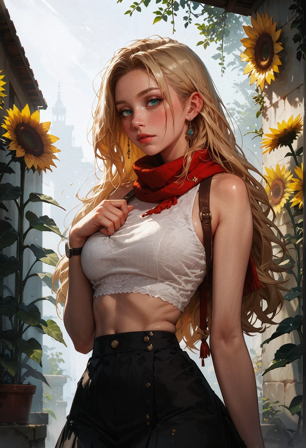 score_9, score_8_up, score_7_up, score_6_up, score_5_up, score_4_up, 1girl, white crop top, navel, black skirt, blonde hair, long hair, straight hair, outside, sunflowers, red scarf, sunrays, watch, green eyes, bare arms, elbow squeeze <lora:sdxl\Expressive_H-000001:0.8>, expressiveH <lora:sdxl\sinfully_stylish_SDXL> <lora:sdxl\incase_style_v3-1_ponyxl_ilff:0.6> <lora:sdxl\vixon_pony_gothic_neon:0.4>