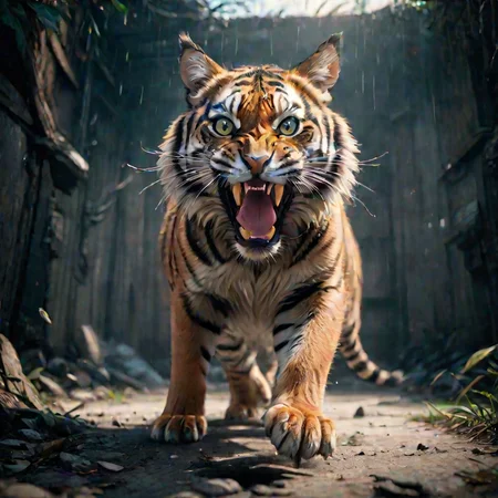 massive tiger cat attacking camera, realistic photo, <lora:LCM_LoRA_Weights:0.65>, high quality,  SimplePositiveXLv2, masterpiece, best quality, unreal engine, 8k, 4k, extremely clear, ultra detailed, cinematic film still, shallow depth of field, vignette, highly detailed, Hollywood movie