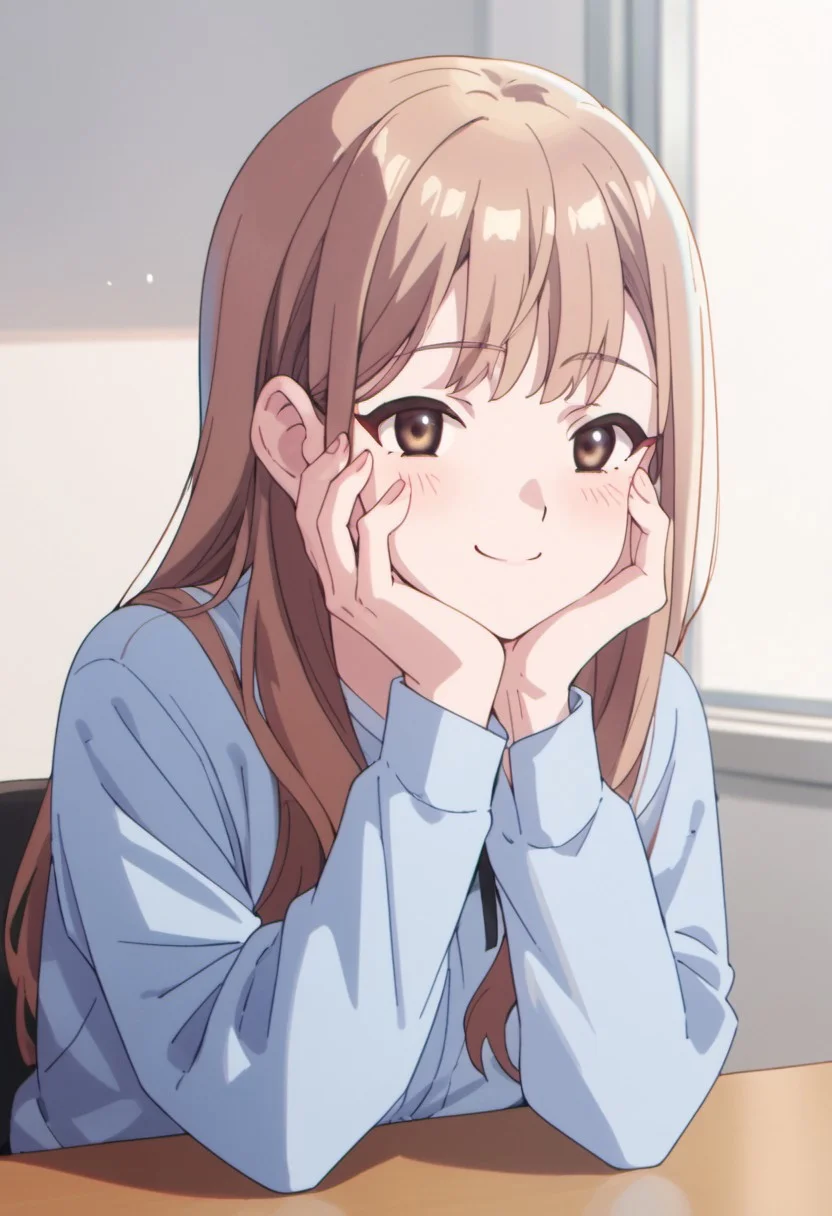 score_9, score_8_up, score_7_up, source_anime, jinguji naori, brown hair, long hair, brown eyes, 1girl, solo, smile, hands on own face, blush, hands on own cheeks, head rest, shirt, blue shirt, jewelry
