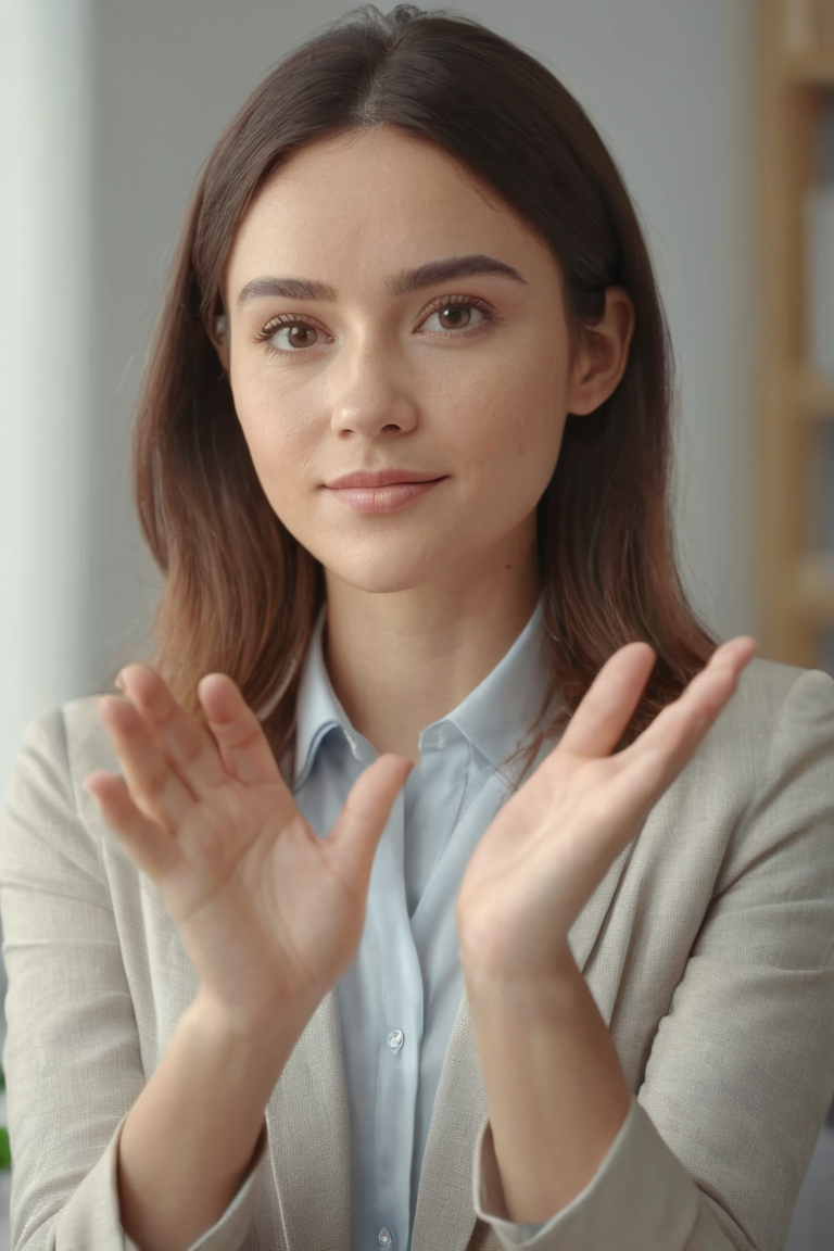 1girl,(open hand:1.2),neutral background with soft lighting,subtle office setting,daytime,(looking directly at the camera:1.2),close-up shot,approachable and confident,nice hands,perfect hands,8k,Best quality,realistic style.,<lora:HandFineTuning_XL:0.6>,