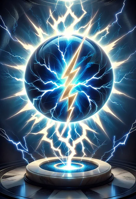 glowinglora, masterpiece, best quality, detailed illustration, (brighten the front:1.0), a large beautiful transparent marble, (electric blue lightning symbol (contained inside) the marble:1.3), glowing with power from within