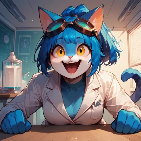 blue Anthro cat, Audr3yC4t, score_9, score_8_up, score_7_up, source_anime, Standing in laboratory, white lab coat, black goggles, Excited, table beakers From front, close up,