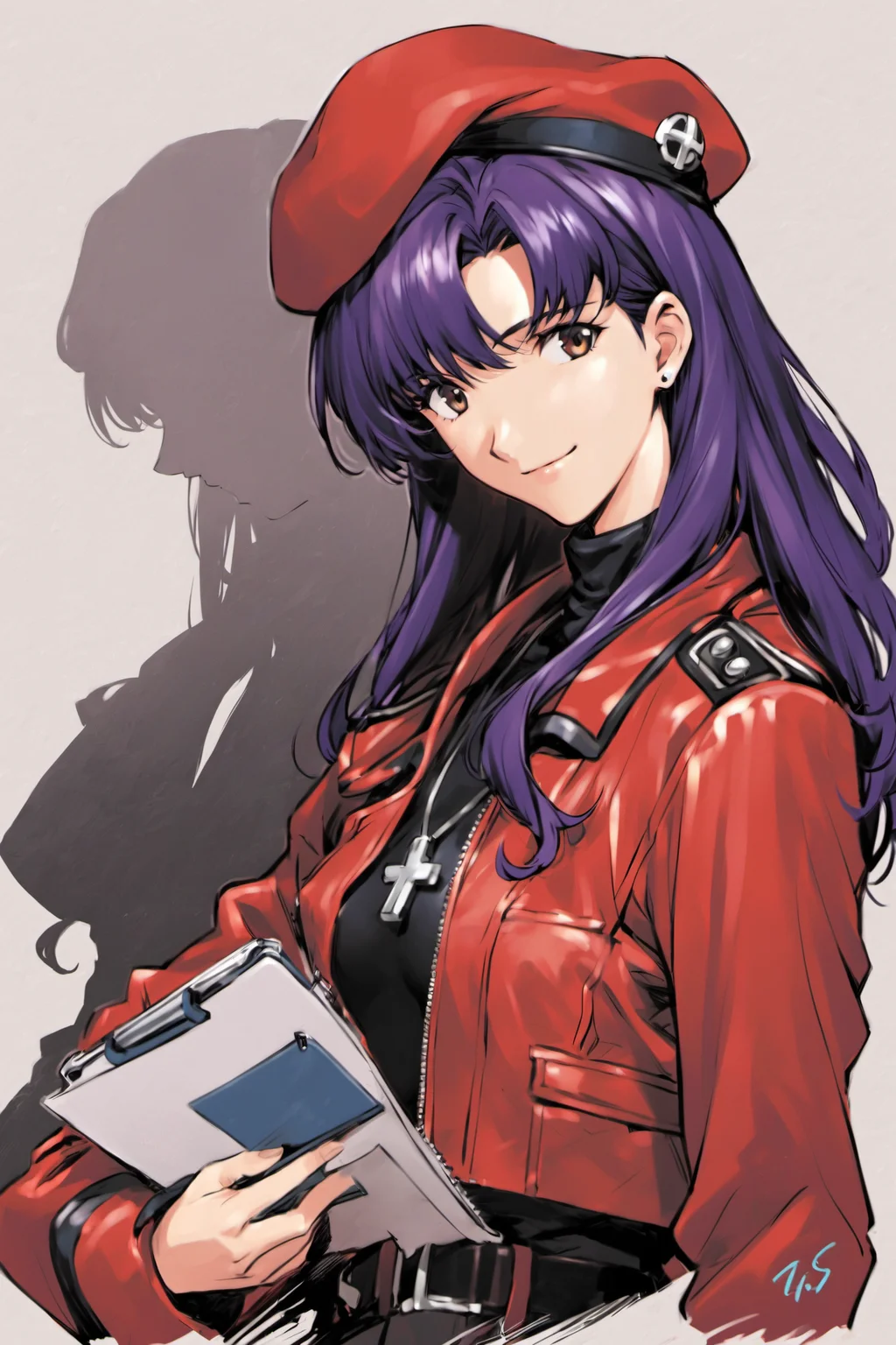 katsuragi misato, 1girl, jewelry, hat, jacket, red jacket, turtleneck, long sleeves, holding, open clothes, open jacket, long hair, smile, bangs, necklace, breasts, signature, purple hair, upper body, closed mouth, parted bangs, white background, solo, earrings, cross, stud earrings, black shirt, beret, brown eyes, uniform, red headwear, cross necklace, shadow, looking at viewer, zipper, belt, simple background, looking to the side, military, medium breasts, military uniform, light smile, small breasts, pendant, clipboard, zipper pull tab, holding book, cropped torso, silhouette, <lora:Sadamoto Yoshiyuki_XL_V2:0.8>