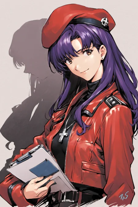 katsuragi misato, 1girl, jewelry, hat, jacket, red jacket, turtleneck, long sleeves, holding, open clothes, open jacket, long hair, smile, bangs, necklace, breasts, signature, purple hair, upper body, closed mouth, parted bangs, white background, solo, earrings, cross, stud earrings, black shirt, beret, brown eyes, uniform, red headwear, cross necklace, shadow, looking at viewer, zipper, belt, simple background, looking to the side, military, medium breasts, military uniform, light smile, small breasts, pendant, clipboard, zipper pull tab, holding book, cropped torso, silhouette, <lora:Sadamoto Yoshiyuki_XL_V2:0.8>