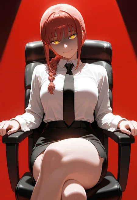 masterpiece,best quality,amazing quality, absurdres, 8k,makima \(chainsaw man\), 1girl, black necktie, braid, buttoned cuffs, buttons, chair, closed mouth, crossed legs, glowing, glowing eyes, hair over shoulder, head tilt, long hair, long sleeves, looking at viewer, miniskirt, necktie, office chair, ringed eyes, shirt, sitting, skirt, smile, solo, swivel chair, white shirt, yellow eyes, red background, shaded face, spotlight,