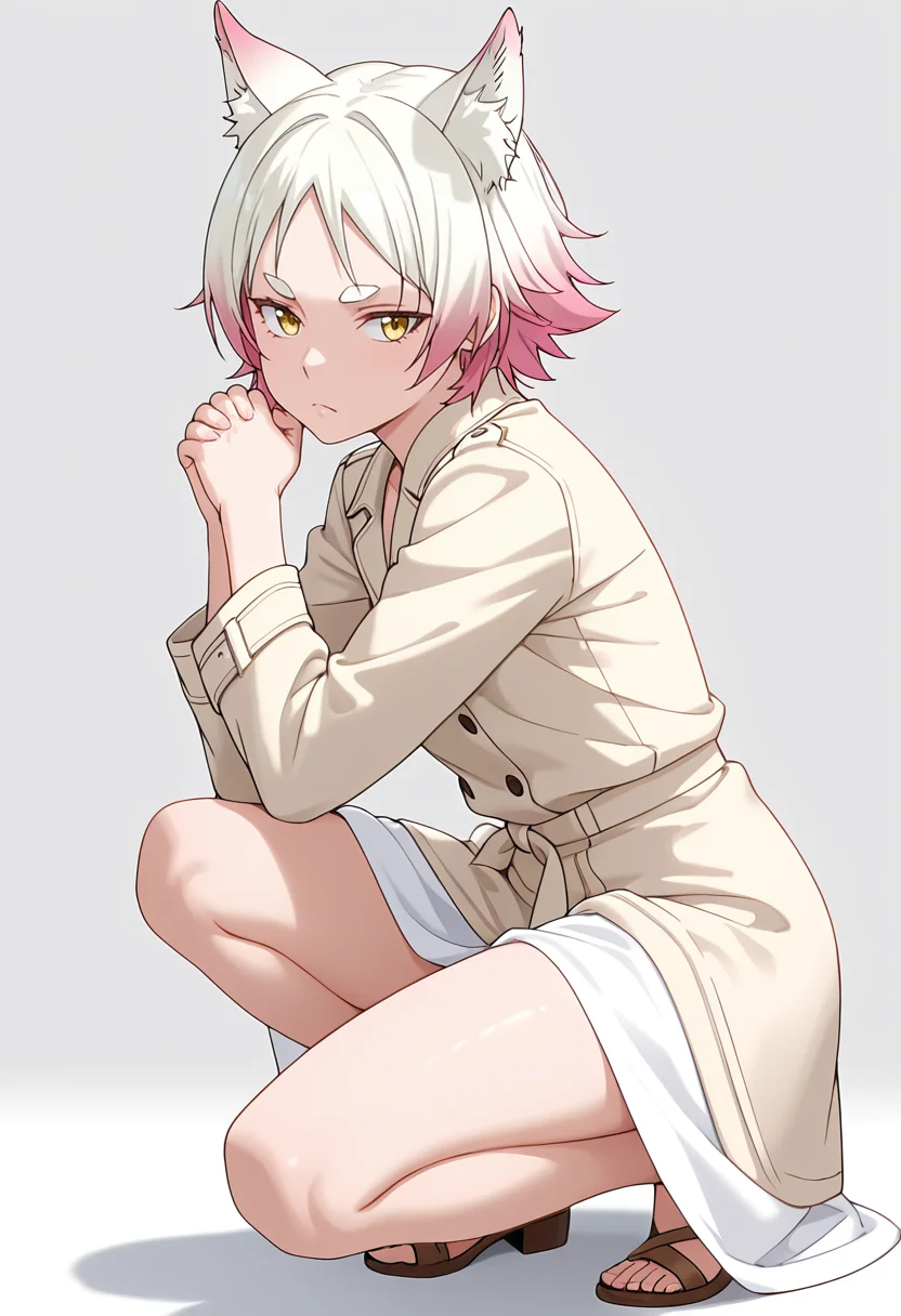 Smooth Quality,masterpiece,very intricate, high quality details, ultra realistic, high detailed skin,detailed enviorement,absurdres,
simple background, white background,solo,
crouching pose, hands clasped, one foot forward, intense gaze, ready-to-move posture, ,from side,disappointed,frown,
blazer, ,trench coat, ,sarong skirt, ,
<lora:Momiji_cnn:0.8> momijicnn,1girl, wolf ears, yellow eyes, white hair, pink hair, short hair, gradient hair, thick eyebrows,