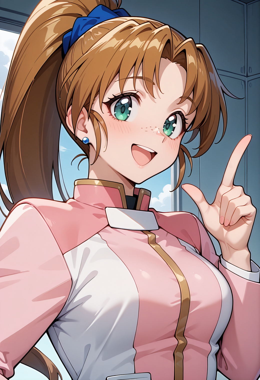 masterpiece, best quality, very aesthetic, absurdres, 1girl, solo,
<lora:nina_mercury_v01:0.9>, nina_mercury, brown hair, long hair, high ponytail, green eyes, freckles, breasts,
earrings, pink jacket, long sleeves, (smile:0.7), open mouth, posing, upper body