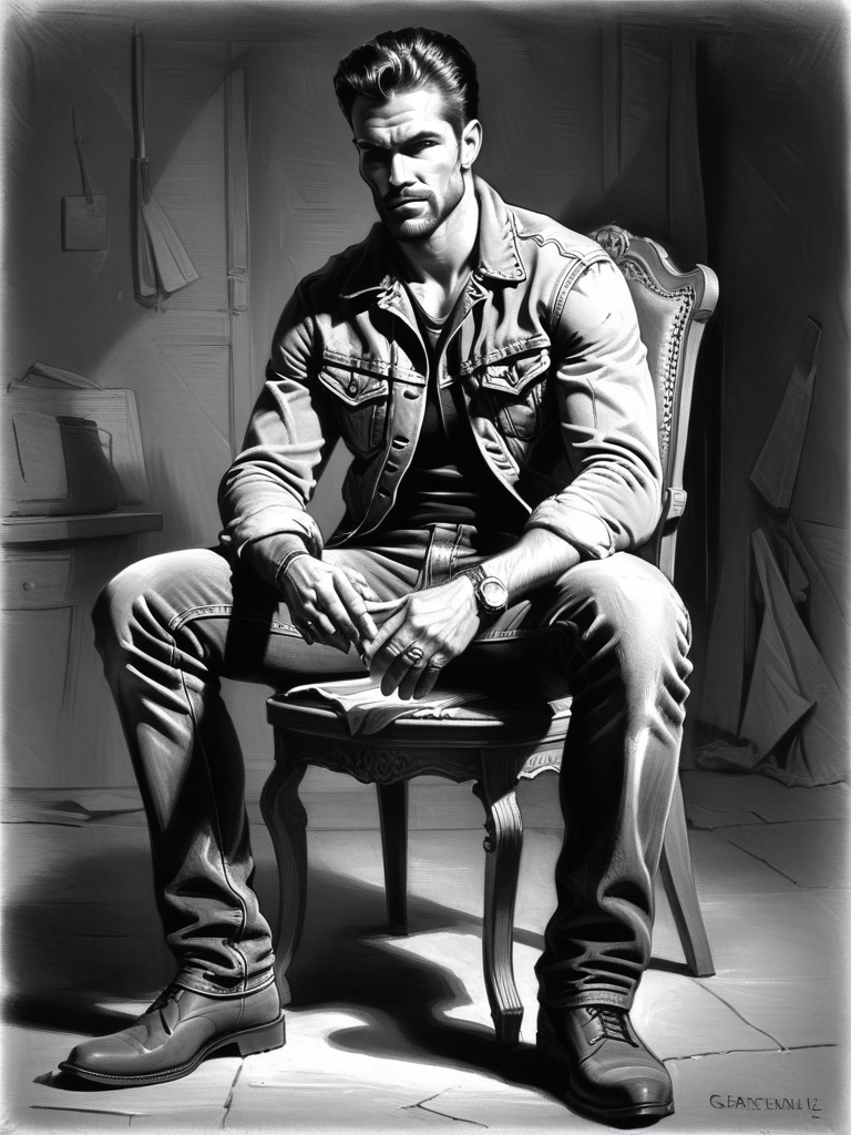 a gigachad wearing jeans sitting on a chair,grayscale,monochrome,art by llbreton,   <lora:LLBretonXL:1>