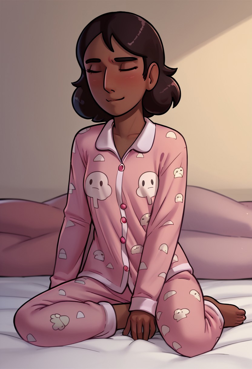 score_9, Score_8, relatedguy, solo, 1girl, CHCONNIE, print_pajamas, brightmoonbedroom