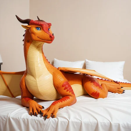 score_9, score_8_up, score_7_up, score_6_up, score_5_up, score_4_up, masterpiece, high quality, realistic, detailed, best quality, white bed, solo, rating_safe, source_furry, bedroom, smiling, seductive, looking at viewer, lying on belly, feral, peril_wof, skywing, dragon, orange scales, wings, horn, blue eyes, tail, claws, female, 1girl