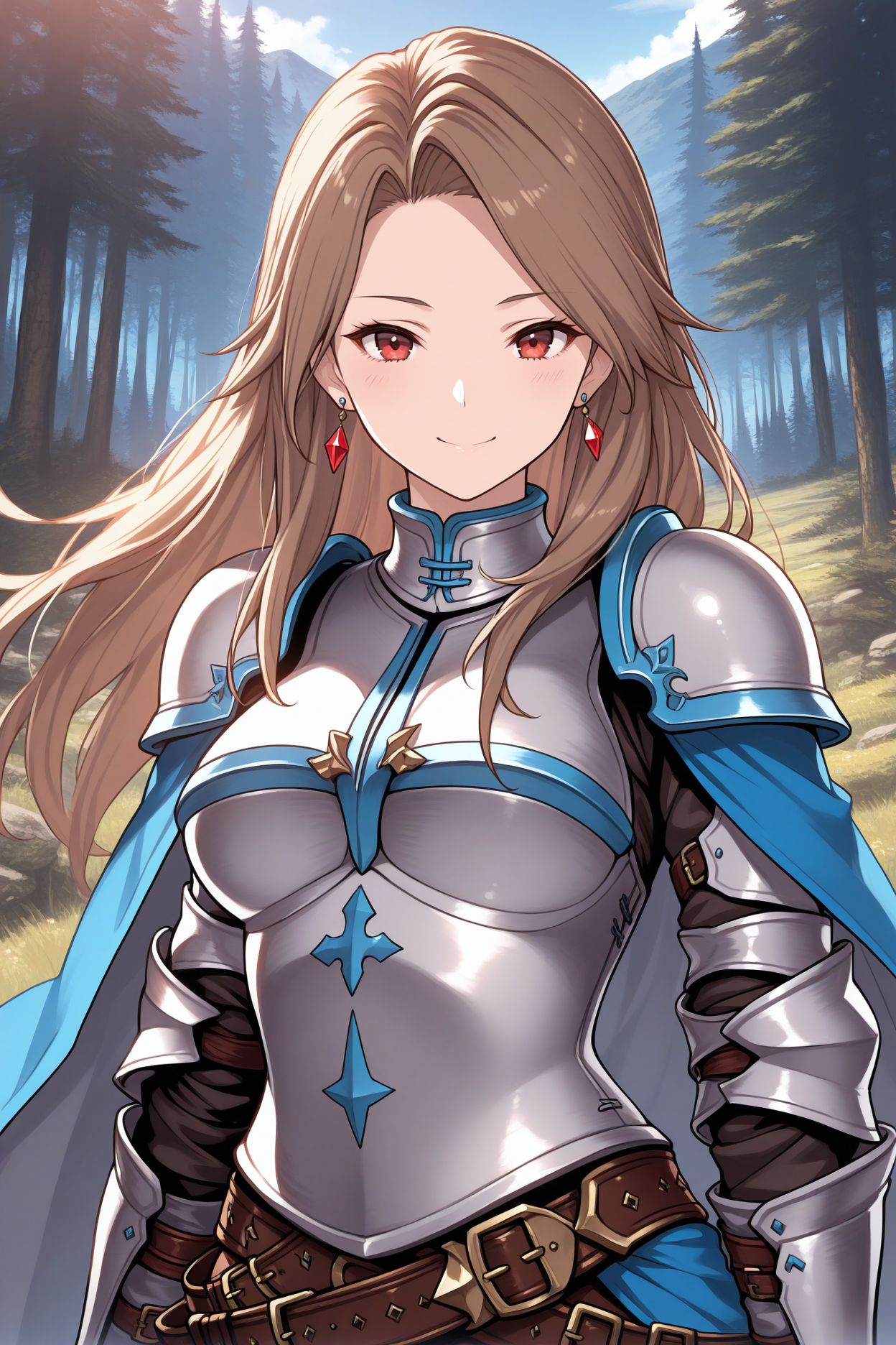 masterpiece, best quality, 1girl, solo, <lora:gbfkatalina-illu-nvwls-v1-000006:1> basektl, brown hair, long hair, red eyes, earrings, armor, blue trim, shoulder armor, blue cape, brown belt, gauntlets, upper body, looking at viewer, smile, blue sky, forest, alpine forest