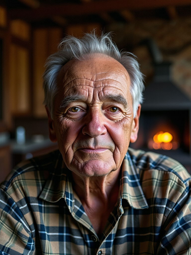 Portrait, close-up of an elderly manâs face, seated in a dimly lit, rustic kitchen with wooden beams and an old fireplace in the background, deep-set brown eyes that tell stories of a long life, detailed skin with pronounced wrinkles and sunspots, slightly downturned lips with a hint of a smile, wearing a weathered plaid shirt that contrasts with the warm, dark wood tones, gray hair slightly unkempt, light from the fireplace casting gentle shadows on his detailed skin, highlighting the texture and depth of his features, conveying a sense of wisdom, resilience, and the passage of time, rich in textures and warmth, <lora:detailed_skin_portraits-000005:0.65>