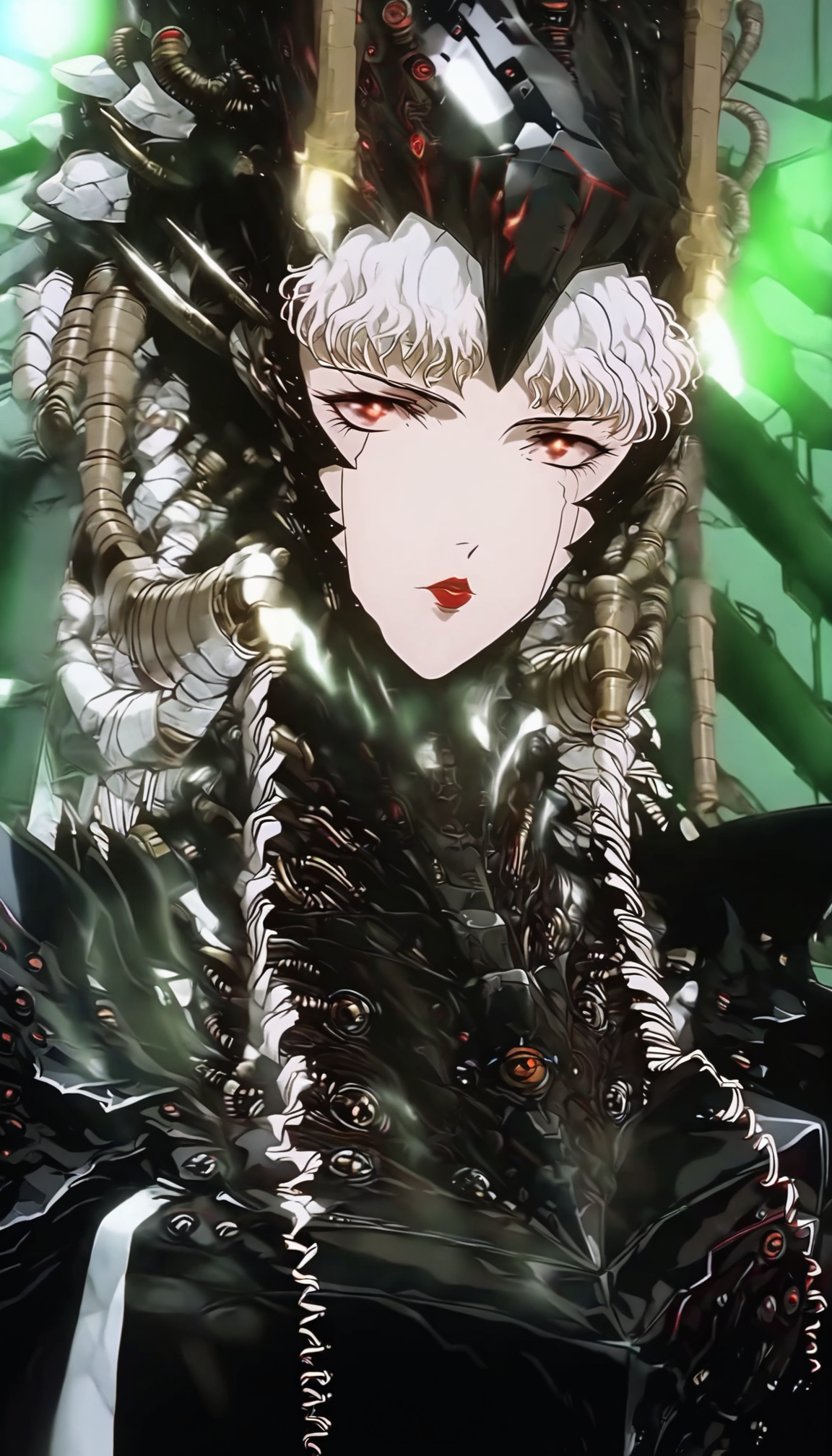 1girl, red eyes, robot, glowing, science fiction, looking at viewer, white hair, helmet, solo, red lips, mecha, braid, armor, drill hair, sidelocks