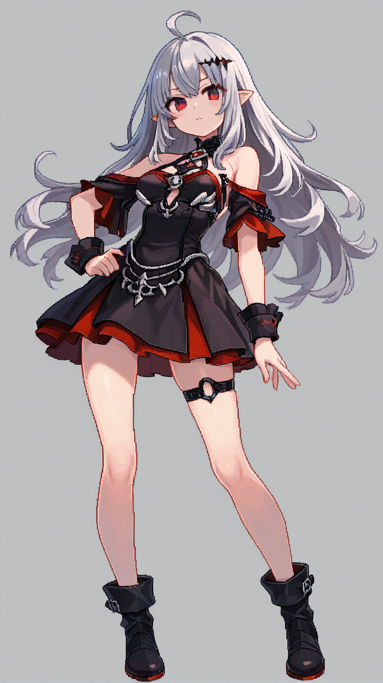 1girl, solo, long_hair, breasts, looking_at_viewer, bangs, simple_background, red_eyes, dress, bare_shoulders, medium_breasts, closed_mouth, standing, full_body, ahoge, grey_hair, boots, pointy_ears, grey_background, wrist_cuffs, thigh_strap, hands_on_hips