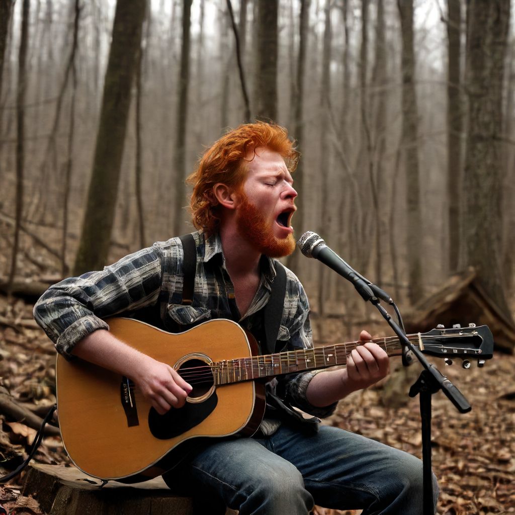 (ultimate quality), (intricate detail), (ultra-high resolution), a redheaded guitar player in the deep woods of appalachia sings his heart out about the injustice in society, his eyes are closed with emotion