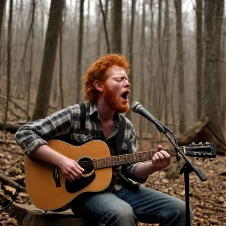 (ultimate quality), (intricate detail), (ultra-high resolution), a redheaded guitar player in the deep woods of appalachia sings his heart out about the injustice in society, his eyes are closed with emotion