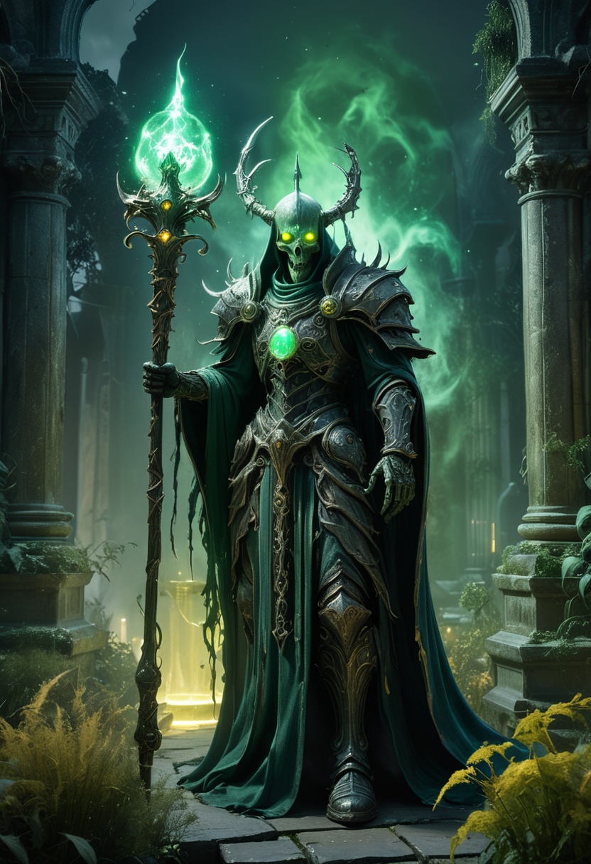 (medium full shot) of (ancient lich) with yellow eyes, wearing a deep green spectral attire, armored boots, holding a ancient staff with glowing crystal, surrounded by surrounded by a glowing aura, set in  a moonlit castle courtyard with overgrown weeds, ancient statues, a sense of dread, amidst swirling mist, ,Masterpiece,best quality, raw photo, realistic, very aesthetic, dark