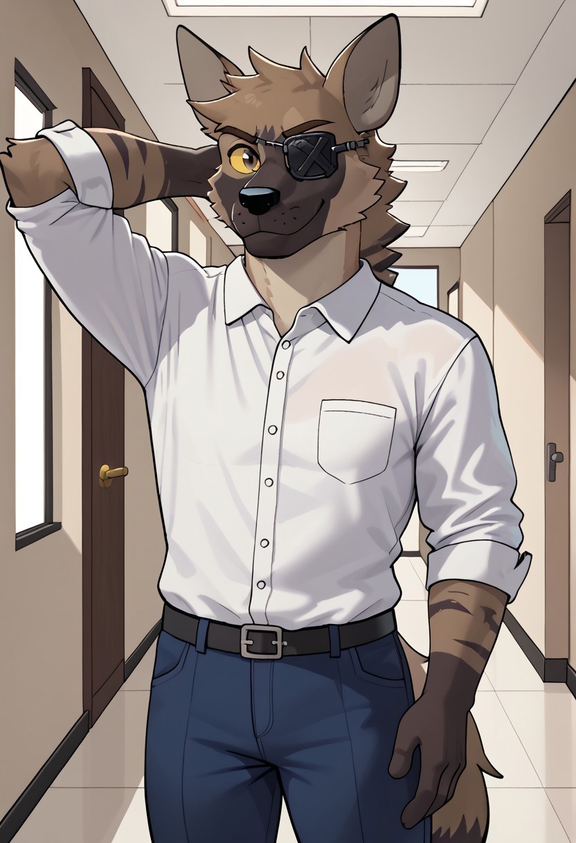 score_9, score_8_up, score_7_up, solo, 1boy, (Redlinevn), hyena, yellow sclera, (dark grey eyes), white dress shirt, blue pants, black patch across left eye, cocky smirk, hand behind head, r, indoors, hallway background, hi res, 4k res, body movement, pupils shown, detailed eyes, eyes focus, perfect eyes, perfect face, best artwork, highly detailed